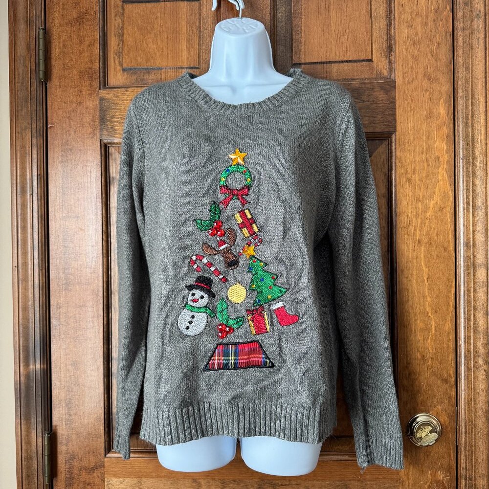 Karen Scott Gray Christmas Tree Sweater Large